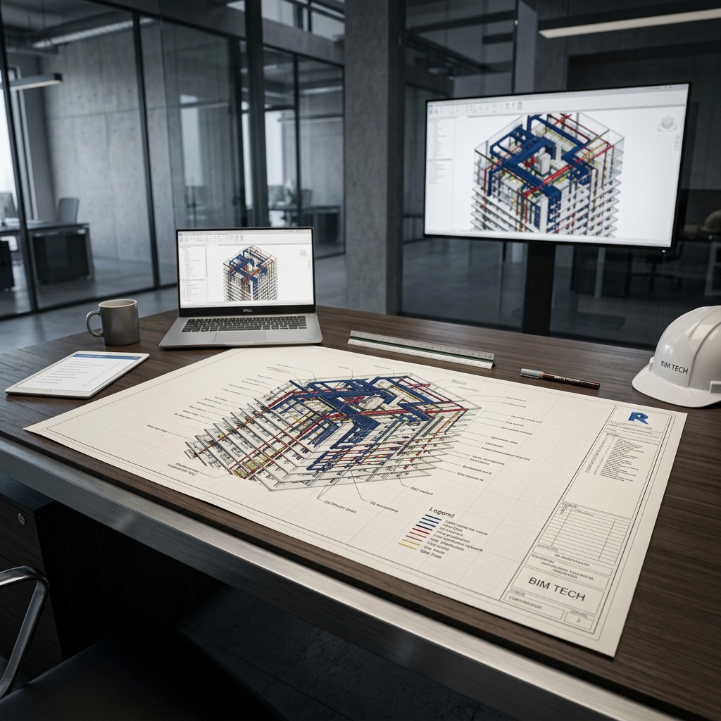 Mesa executiva de engenharia com projetos BIM compatibilizados e laudos técnicos
